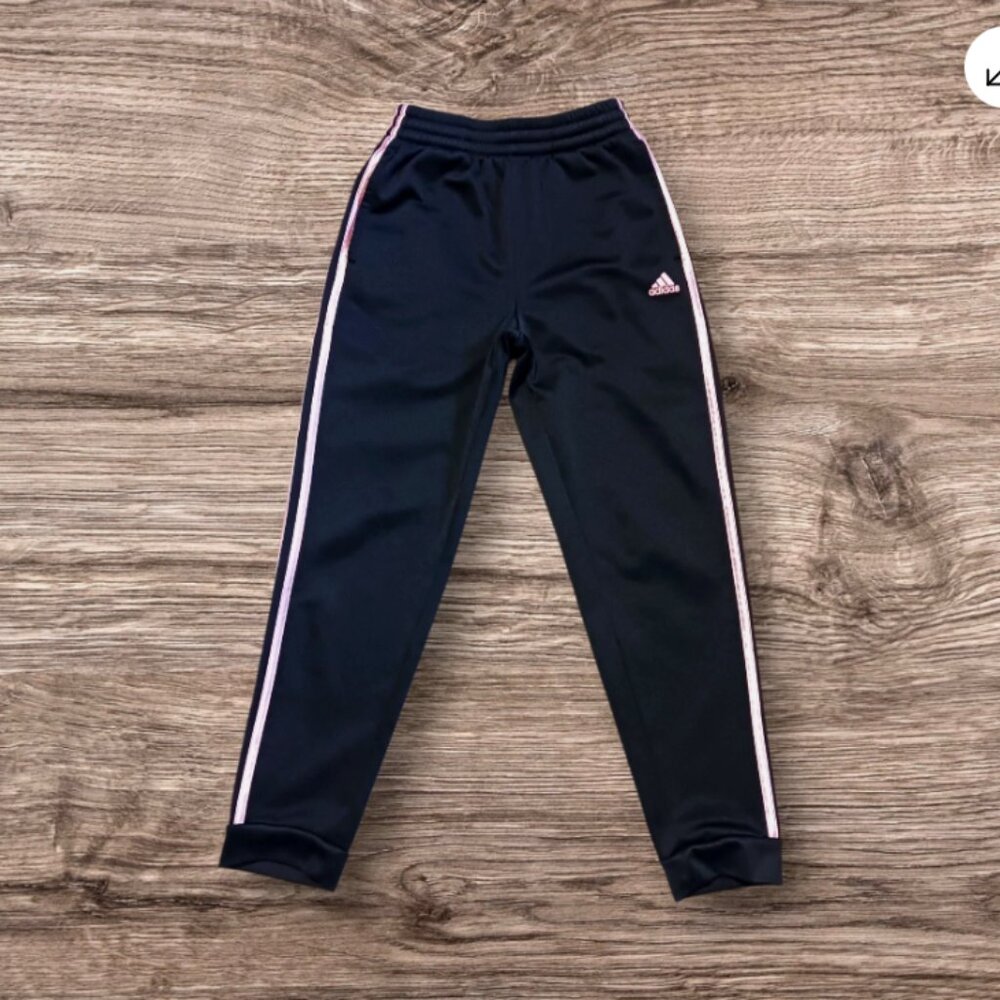 Adidas Jogger Girl Youth L 14 Track Pants Athletic Pockets Black + Pink Stripes